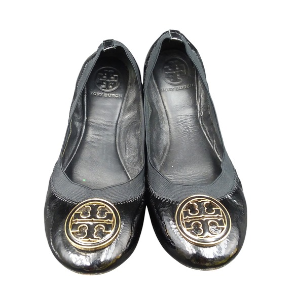 Tory Burch Caroline Ballet Flats Black Patent Leather Logo Medallion Size 7.5M‎ - Picture 1 of 7